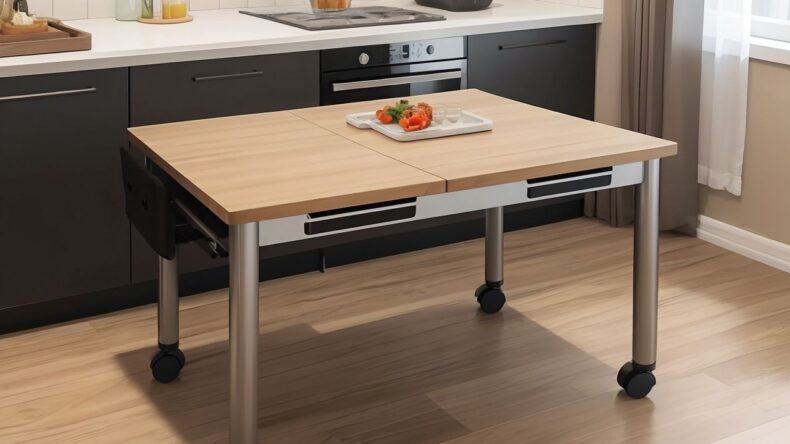 Стол-трансформер с встроенными магнитными держателями для чашек и аксессуаров